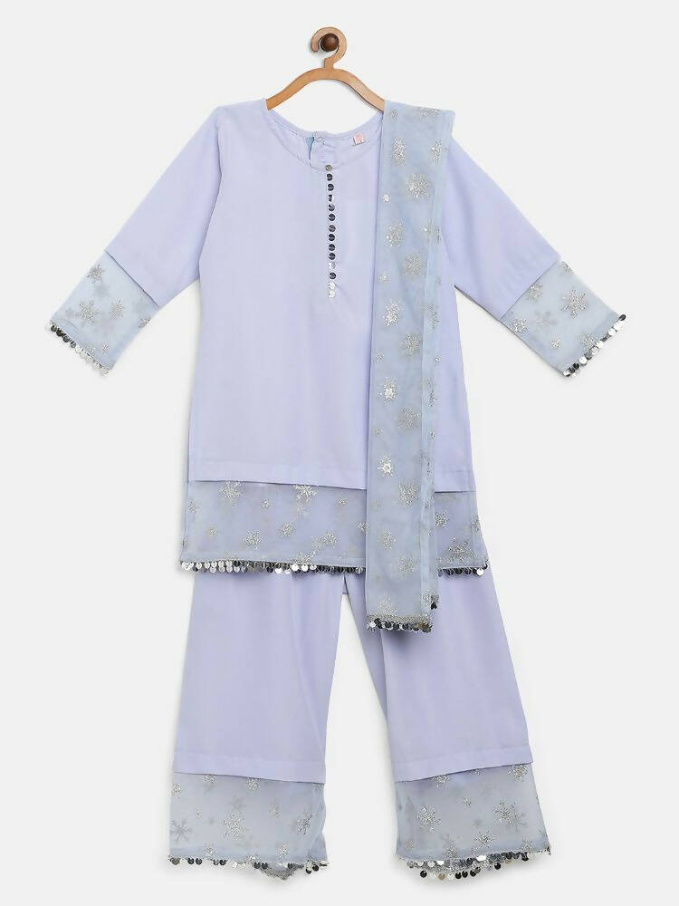 Ahalyaa Blue Crepe Silver Glitter Print Kids Kurta Palazzo Set With Dupatta For Girls - Distacart