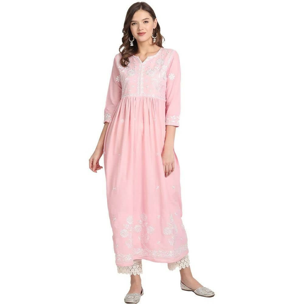 Anubhutee Women's Cotton Regular Pleated Pink Kurta with Trousers - Distacart
