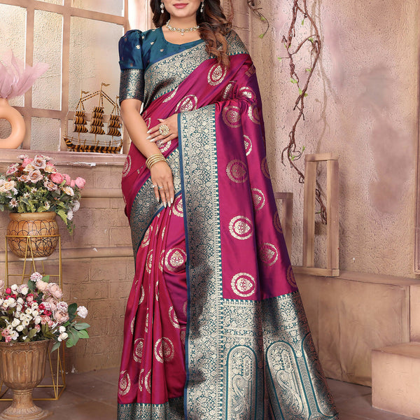 Joban Fashion Magenta Banarasi Soft Silk Woven Saree