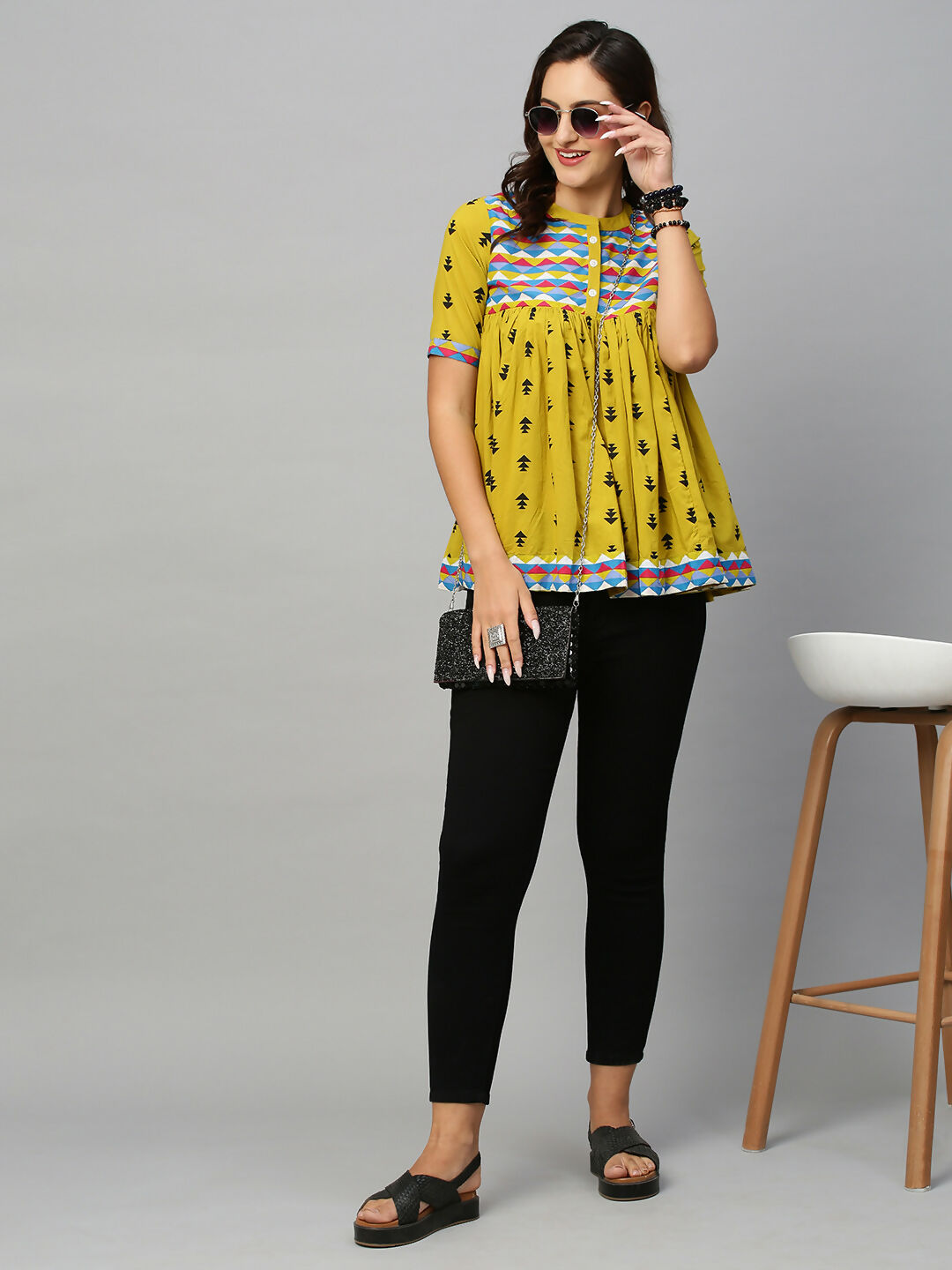 Olive Green & Black Pure Cotton Printed A-Line Top - Bosky - Distacart