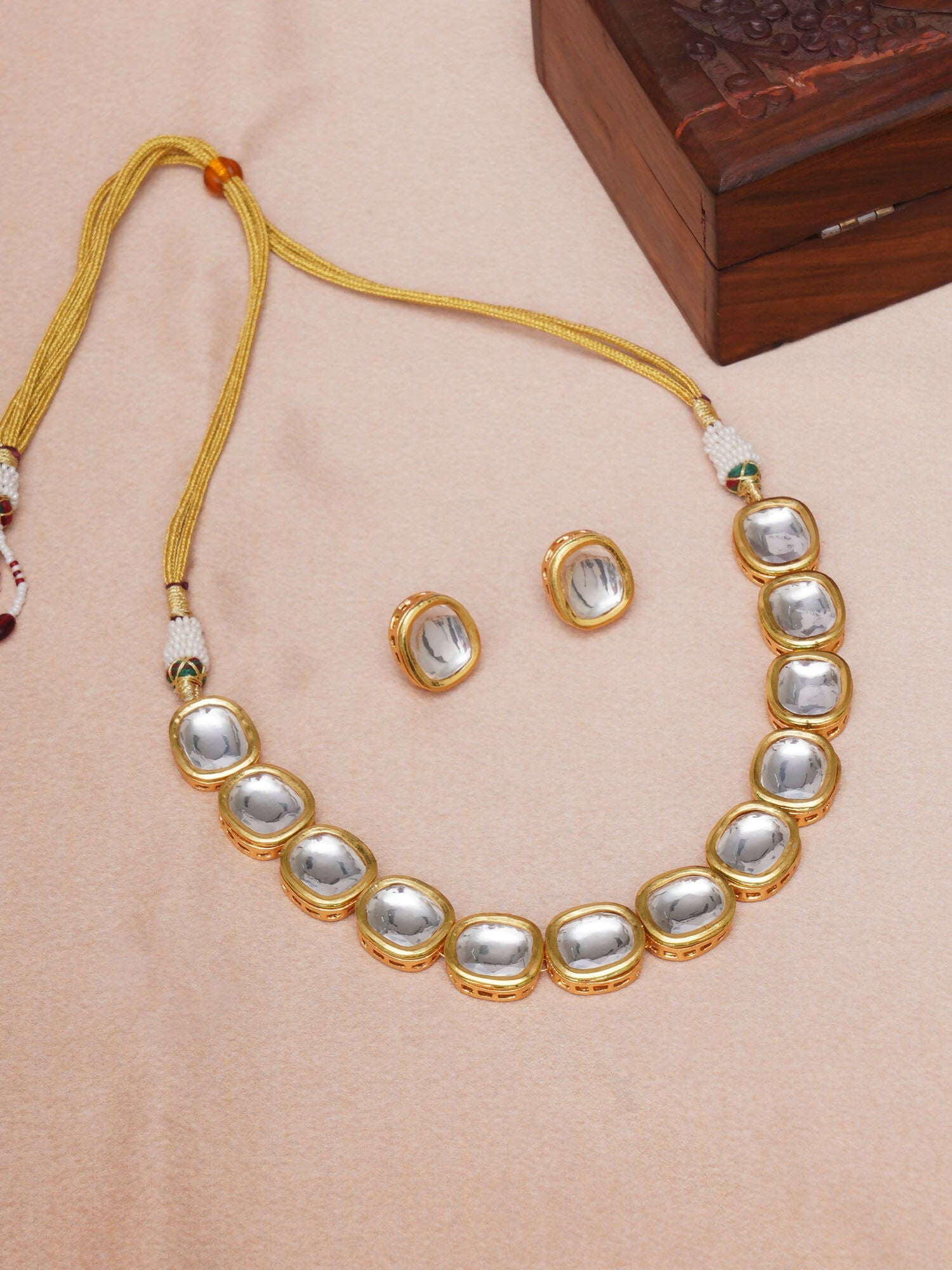 Kundan Choker with Studs Jewellery Set (Gold) - Ruby Raang - Distacart