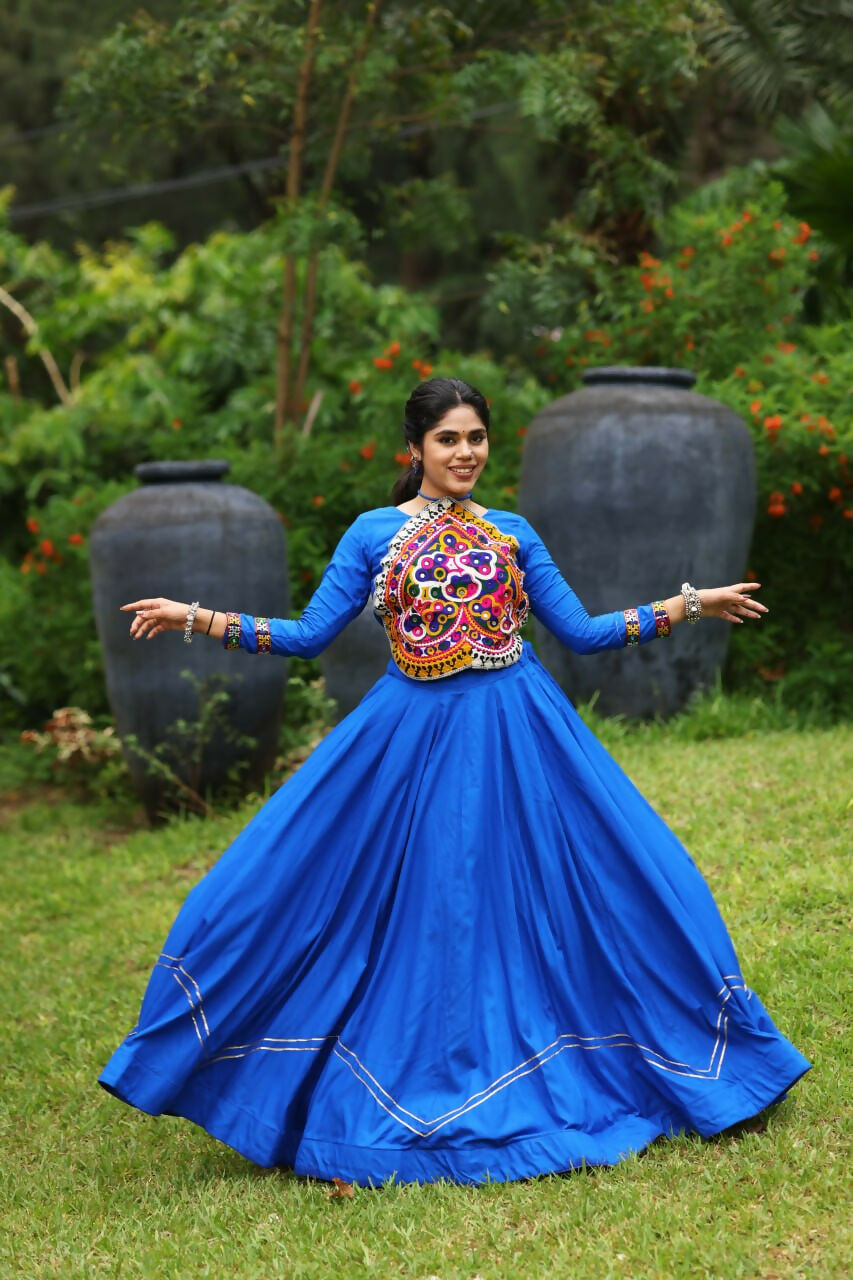 Yash Enterprise Blue Rayon Cotton Embroidery Semi Stitched Navratri Top Chaniya Choli - Dista