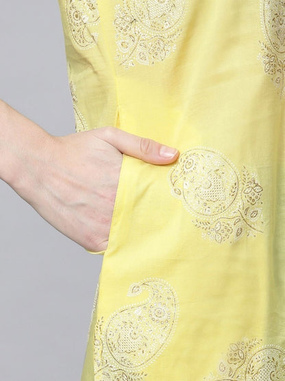 Ahalyaa Women Yellow Pure Cotton Glitter Print Tunic - Distacart