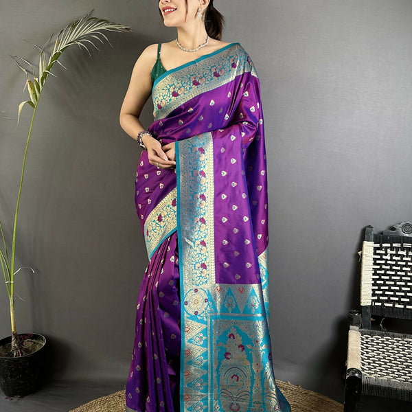 Joban Fashion Purple Intricate Motifs Soft Silk Banarasi Saree - Dista