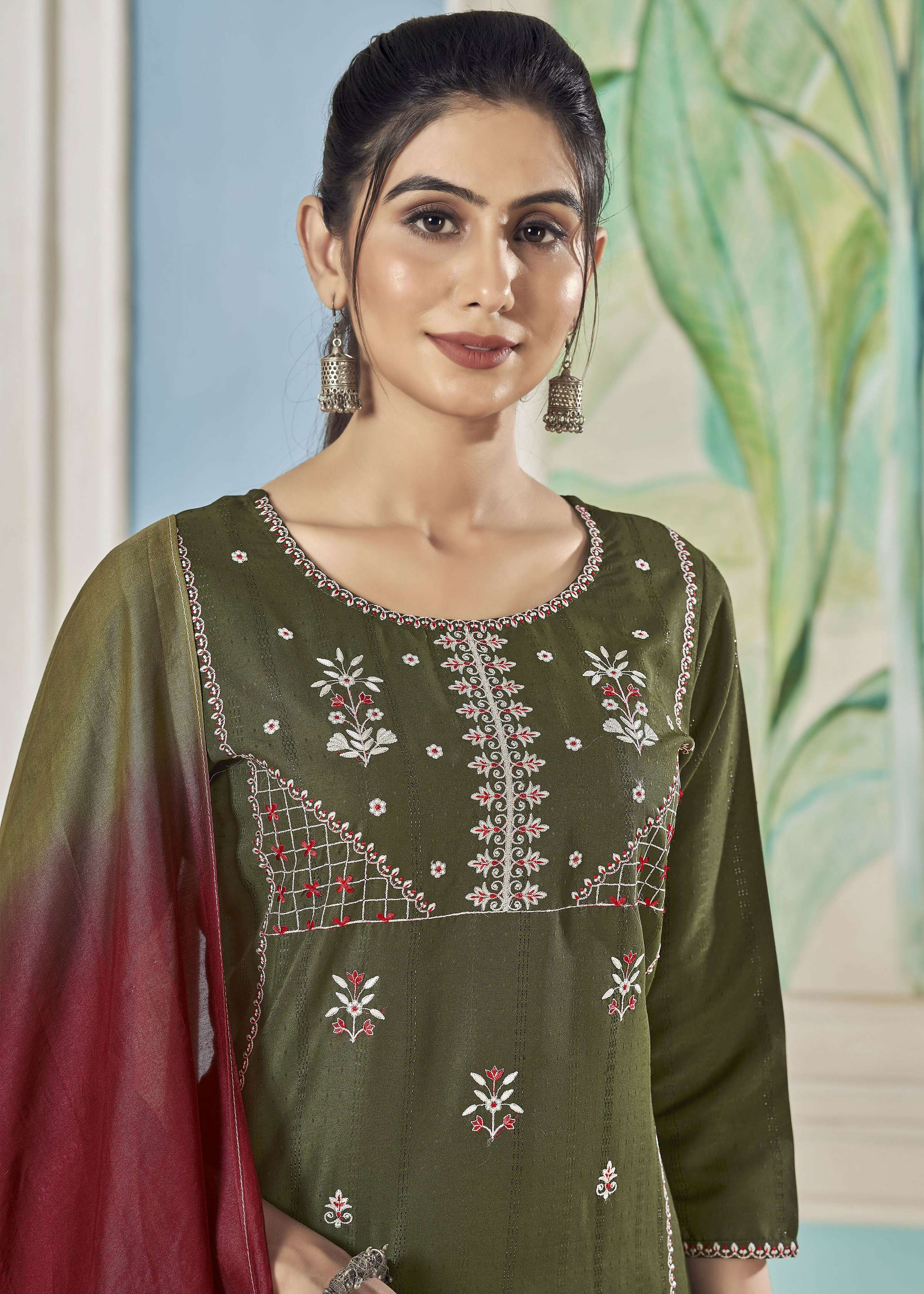 Jyoti Fashion Women's Mehendi Pure Viscose Weaving Stripe with Embroidery Kurta Set - Distacart
