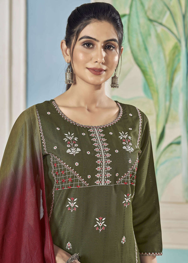 Jyoti Fashion Women's Mehendi Pure Viscose Weaving Stripe with Embroidery Kurta Set - Distacart