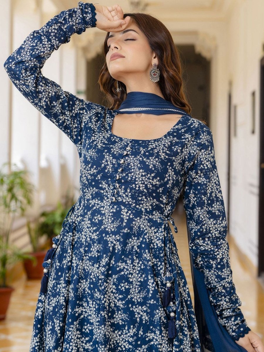 Anouk Blue Floral Printed Empire Pure Cotton Anarkali Kurta With Pyjama & Dupatta
