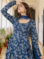 Thumbnail for Anouk Blue Floral Printed Empire Pure Cotton Anarkali Kurta With Pyjama & Dupatta