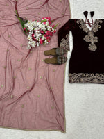 Thumbnail for Vastranavya Wine Viscose Velvet Cording Sequence Embroidery Work Suit-Bottom With Dupatta - Distacart