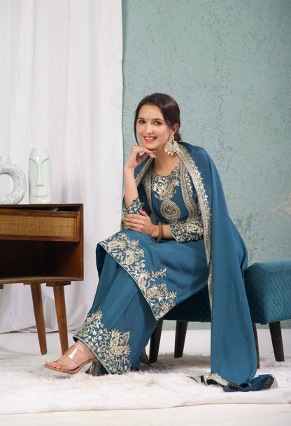 Teeya Creation Blue Color Chinnon Silk Embroidery Work Fully Stitched Plazo Pair - Distacart