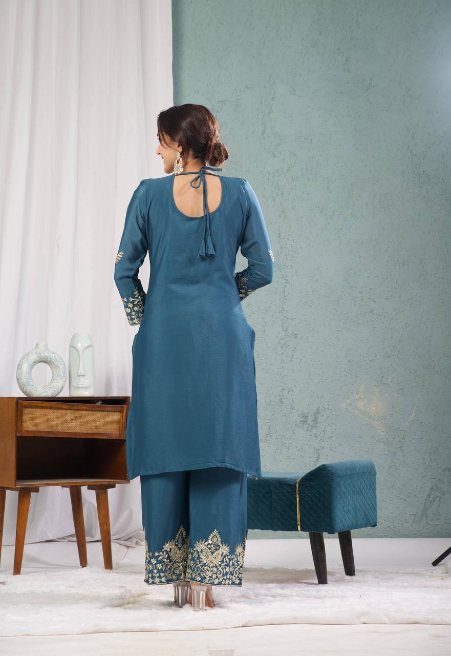 Teeya Creation Blue Color Chinnon Silk Embroidery Work Fully Stitched Plazo Pair - Distacart