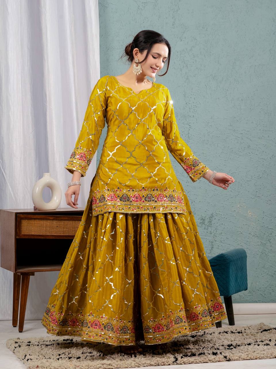 Teeya Creation Yellow Color Chinnon Silk Embroidery Work Fully Stitched Salwar Suit - Distacart