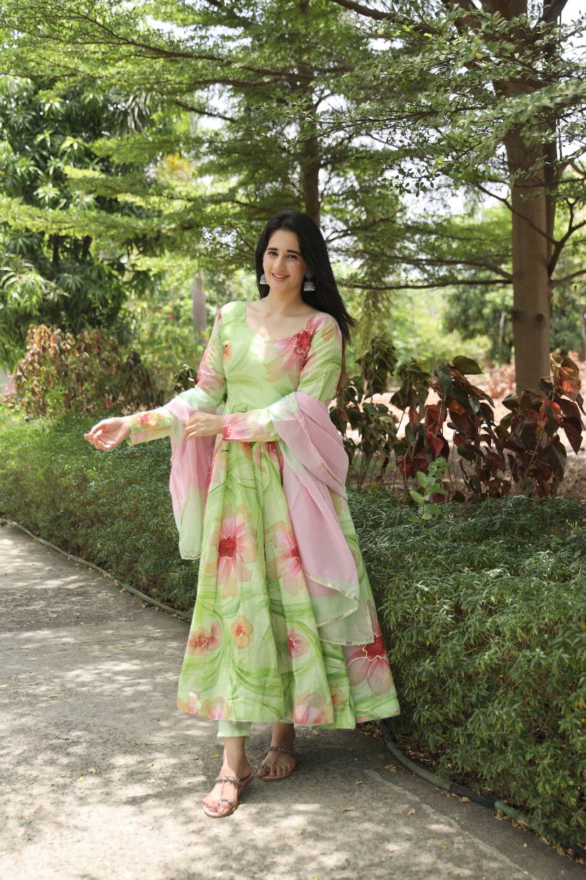 Teeya Creation Multicolor Georgette Heavy Embroidery And Sequence Work Anarkali With Pants And Dupatta - Distacart