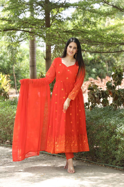 Teeya Creation Orange Color Georgette Heavy Embroidery And Sequence Work Anarkali With Pants And Dupatta - Distacart