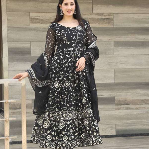 Teeya Creation Black Color Georgette Heavy Embroidery And Sequence Work Anarkali With Pants And Dupatta - Distacart
