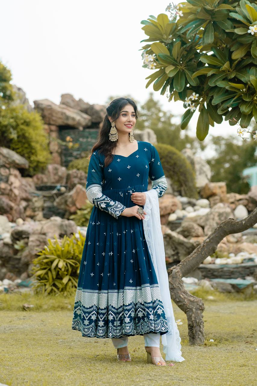 Teeya Creation Dark Teal Color Georgette Heavy Embroidery And Sequence Work Anarkali With Pants And Dupatta - Distacart