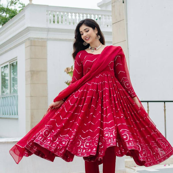 Teeya Creation Maroon Color Georgette Heavy Embroidery And Sequence Work Anarkali With Pants And Dupatta - Distacart