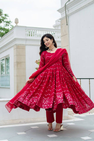 Teeya Creation Maroon Color Georgette Heavy Embroidery And Sequence Work Anarkali With Pants And Dupatta - Distacart