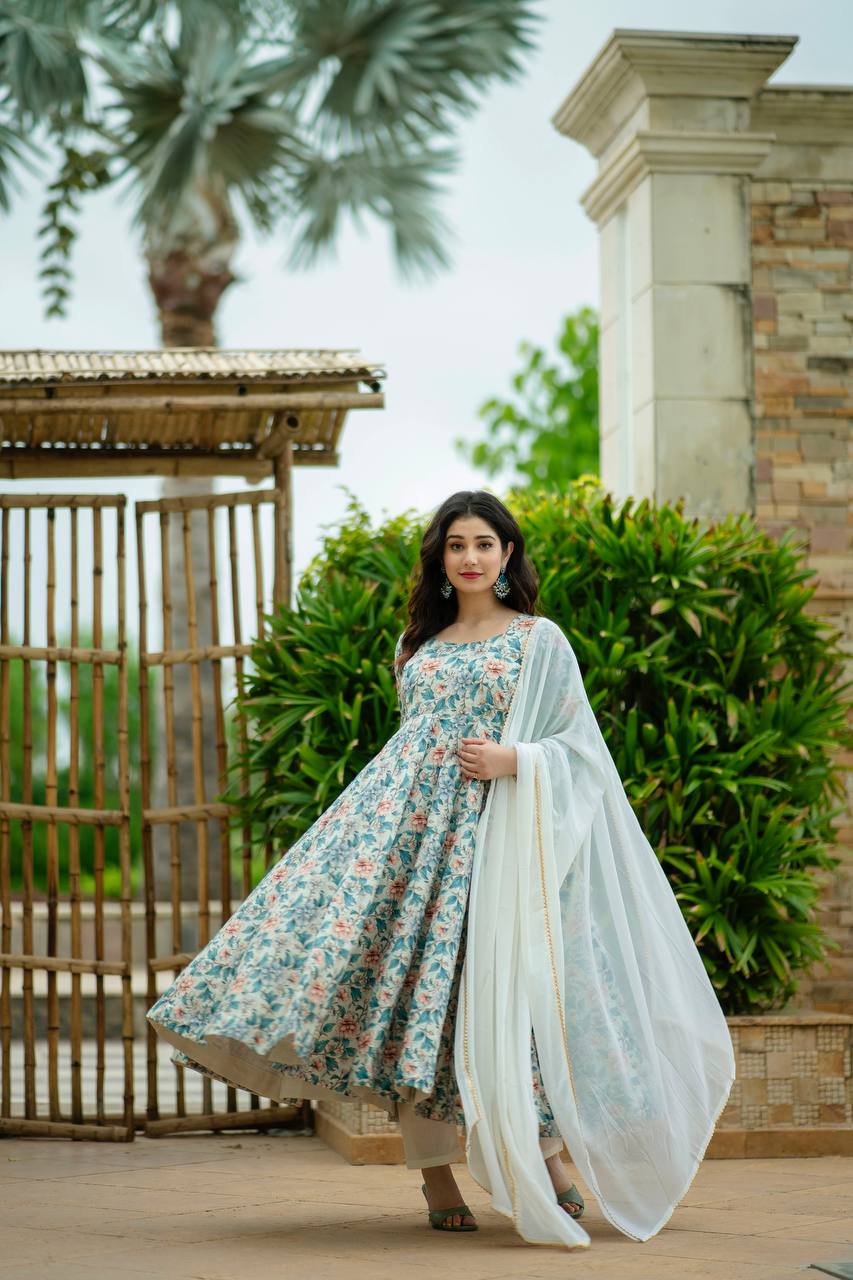 Teeya Creation Multicolor Muslin Silk Digital Print With Crochet Anarkali With Pants And Dupatta - Distacart