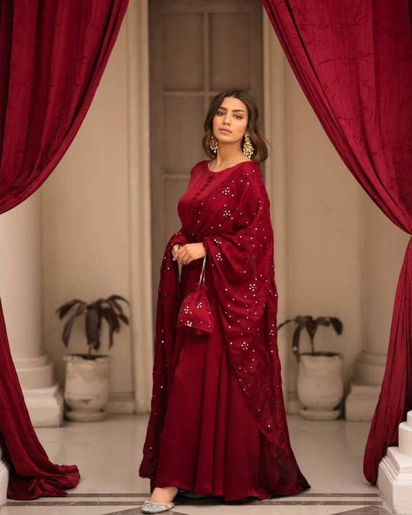 Teeya Creation Maroon Color Roman Cotton Embroidery And Sequence Work Anarkali With Pants And Dupatta - Distacart