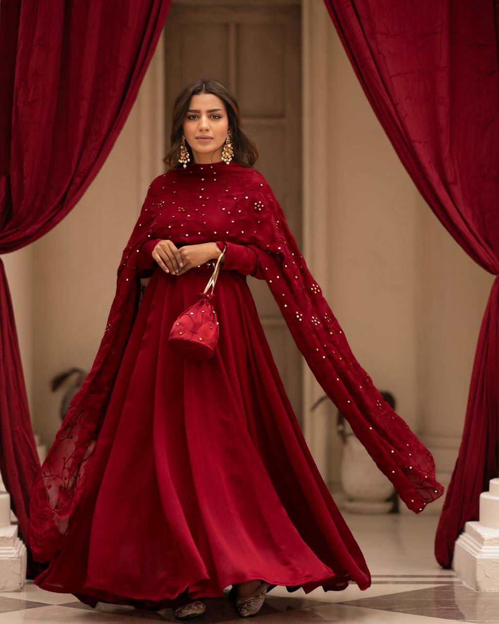 Teeya Creation Maroon Color Roman Cotton Embroidery And Sequence Work Anarkali With Pants And Dupatta - Distacart
