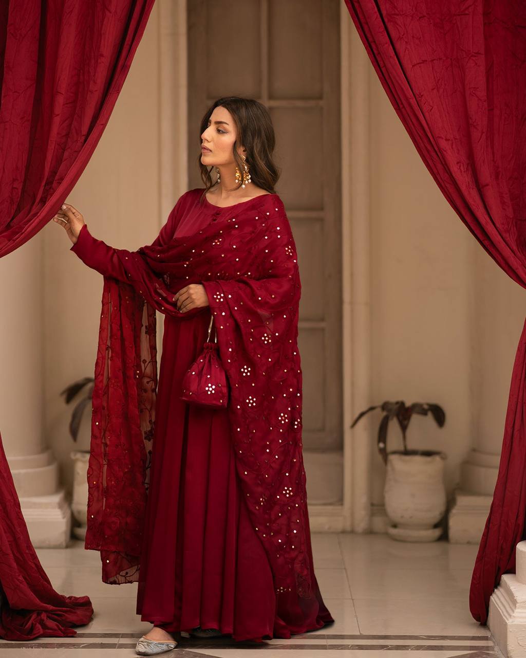 Teeya Creation Maroon Color Roman Cotton Embroidery And Sequence Work Anarkali With Pants And Dupatta - Distacart