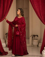 Thumbnail for Teeya Creation Maroon Color Roman Cotton Embroidery And Sequence Work Anarkali With Pants And Dupatta - Distacart