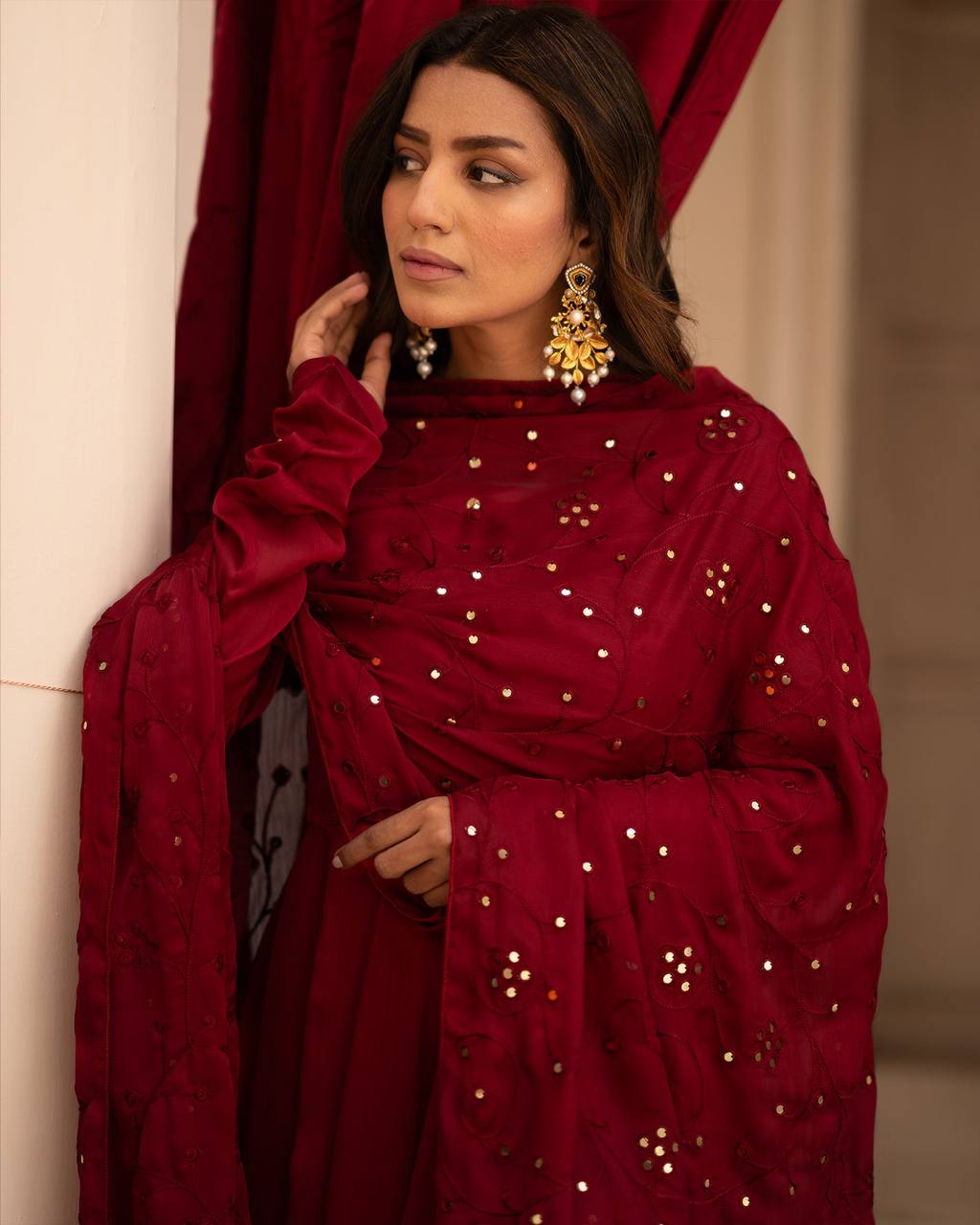 Teeya Creation Maroon Color Roman Cotton Embroidery And Sequence Work Anarkali With Pants And Dupatta - Distacart