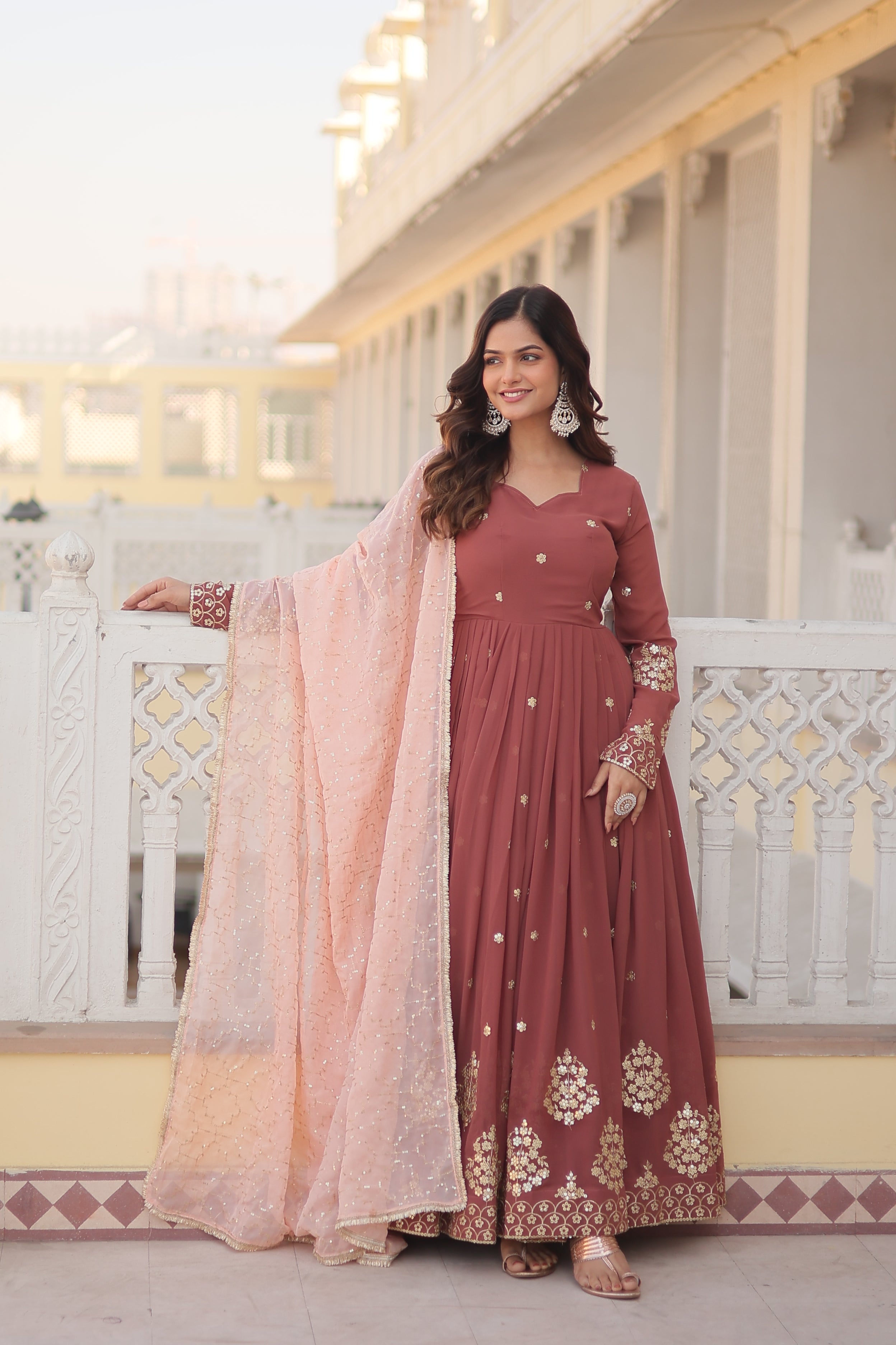 Teeya Creation Brown Color Faux Georgette Fabric Designer Embroidery Work Fully Stitched Gown - Distacart