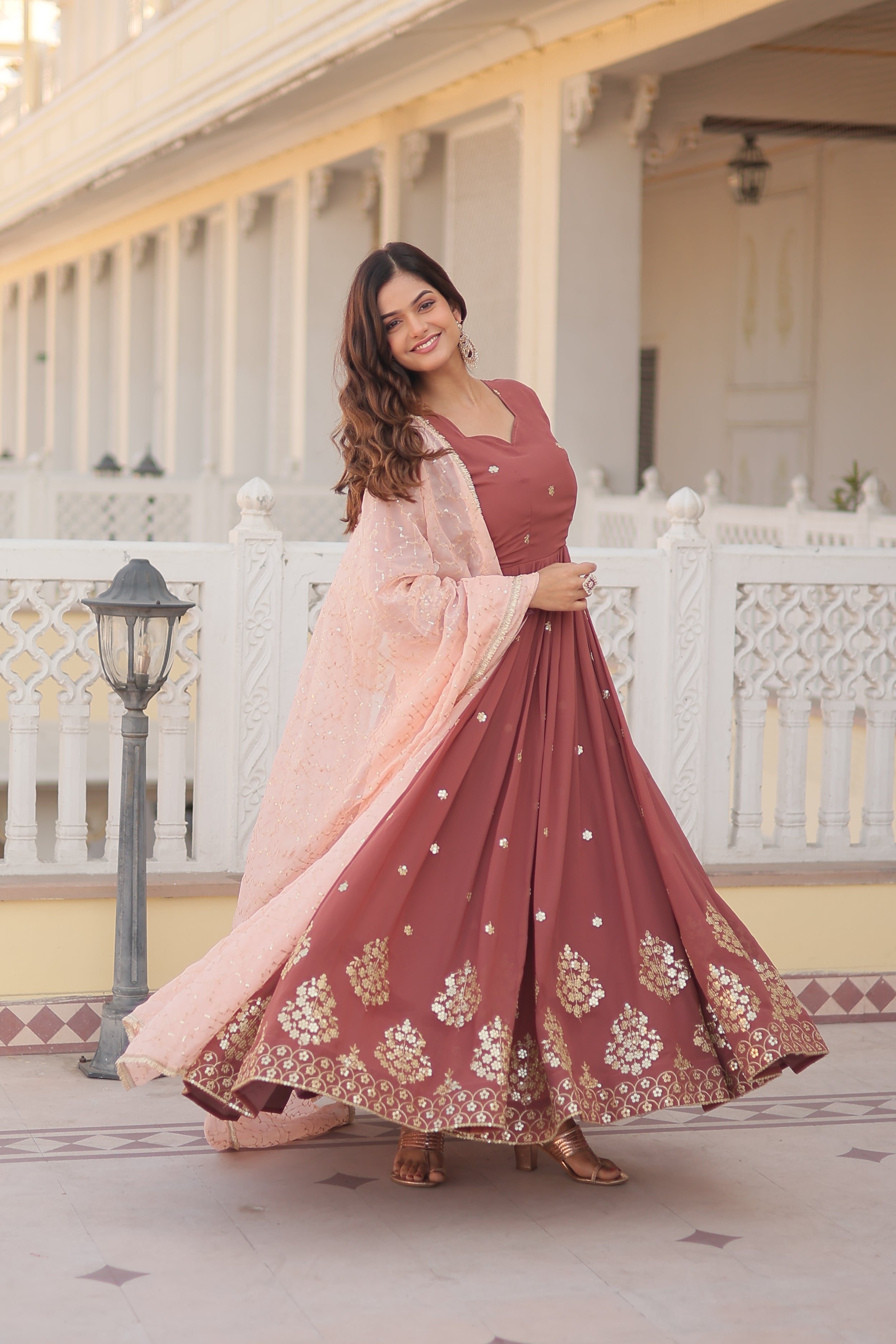 Teeya Creation Brown Color Faux Georgette Fabric Designer Embroidery Work Fully Stitched Gown - Distacart
