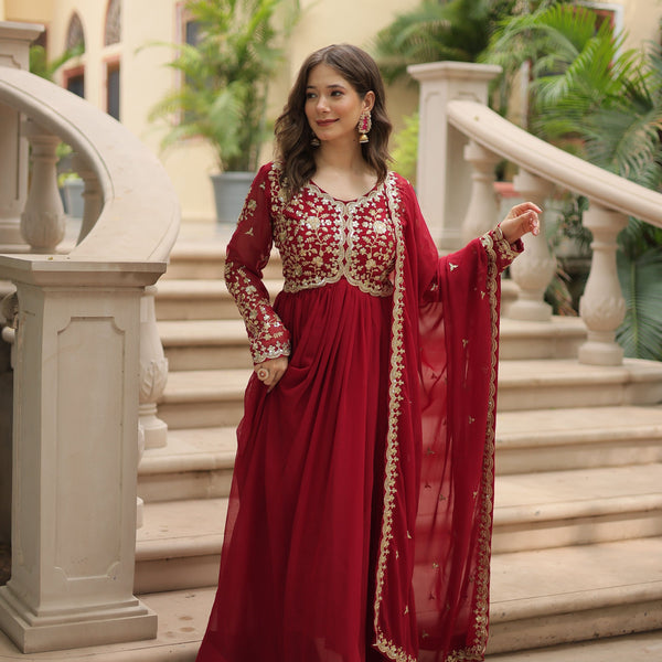 Teeya Creation Maroon Color Faux Georgette Heavy Embroidery Work Dupatta Fully Stitched Gown - Distacart