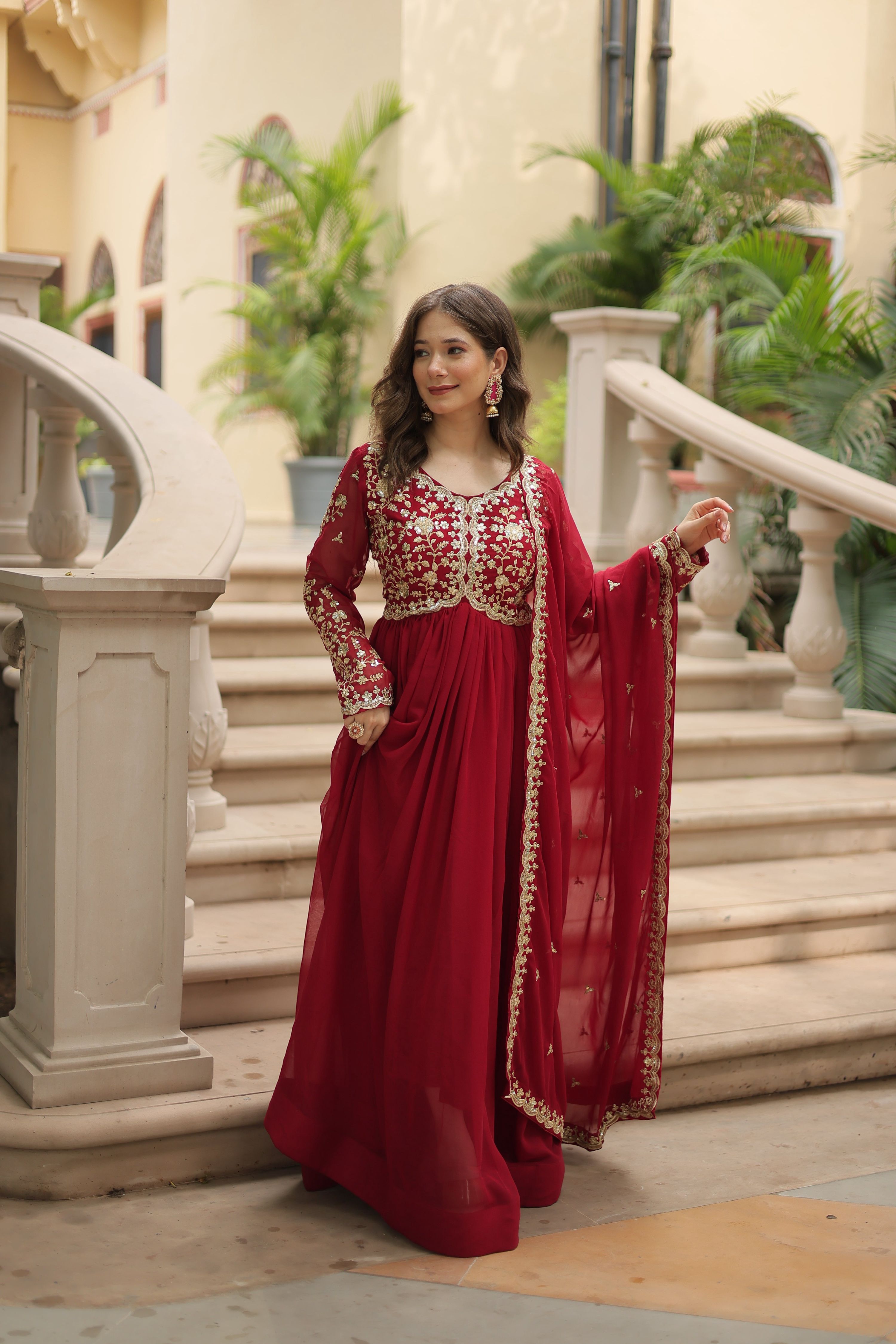 Teeya Creation Maroon Color Faux Georgette Heavy Embroidery Work Dupatta Fully Stitched Gown - Distacart