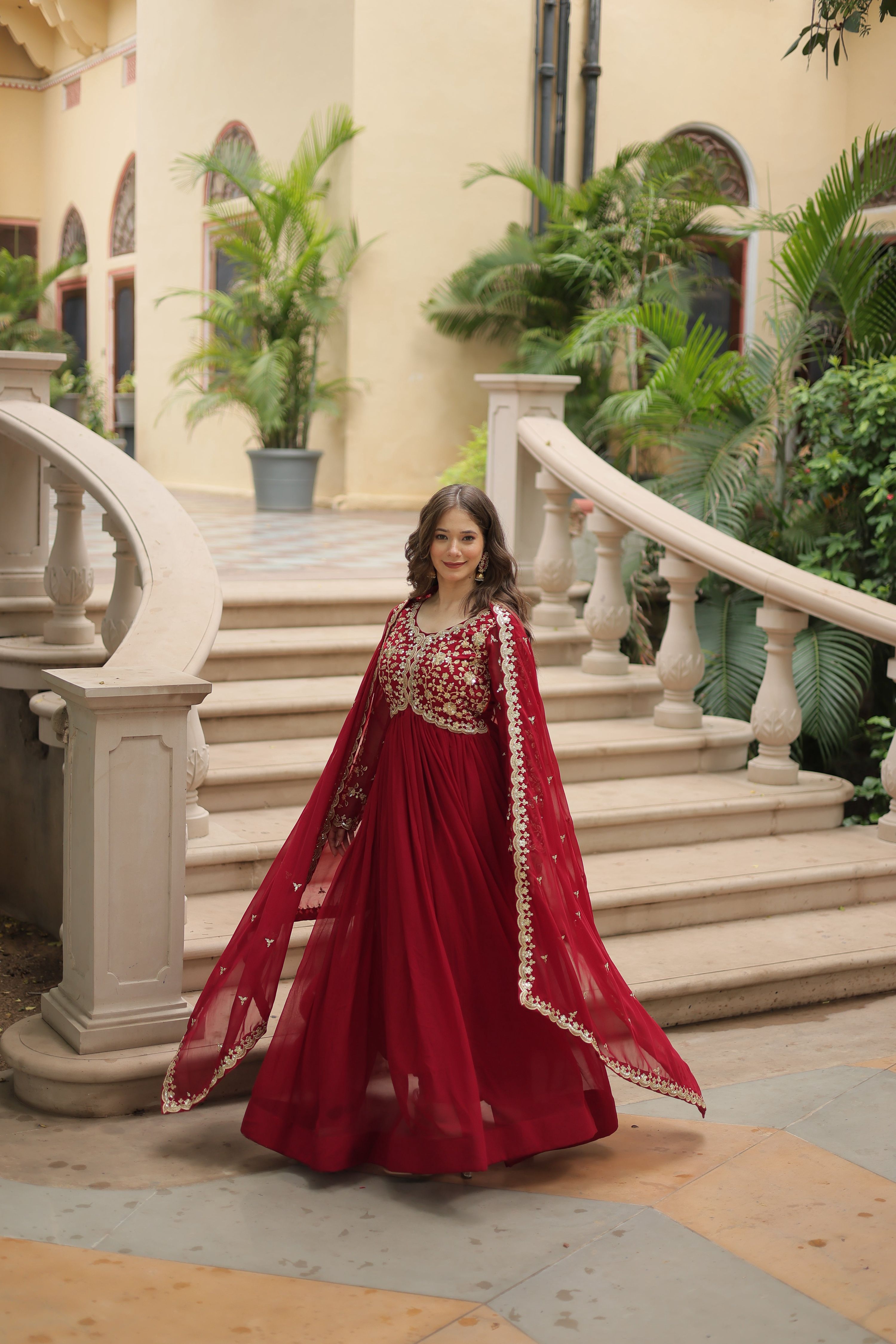 Teeya Creation Maroon Color Faux Georgette Heavy Embroidery Work Dupatta Fully Stitched Gown - Distacart