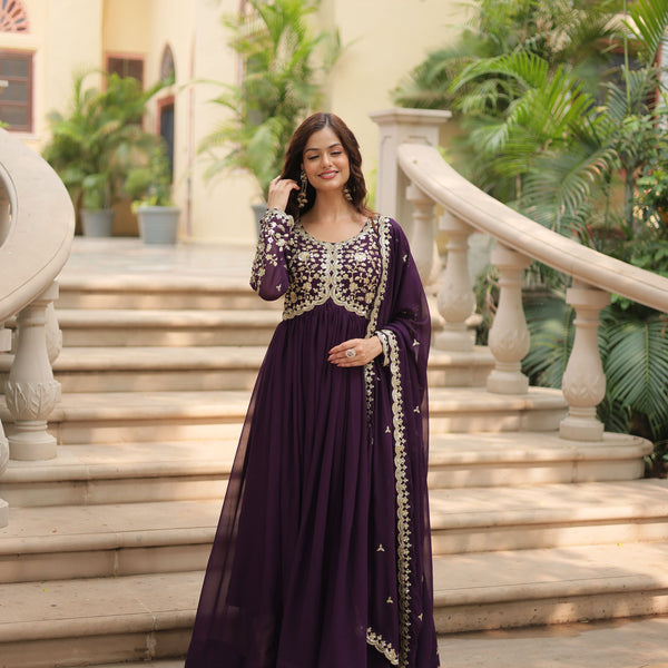 Teeya Creation Wine Color Faux Georgette Heavy Embroidery Work Dupatta Fully Stitched Gown - Distacart