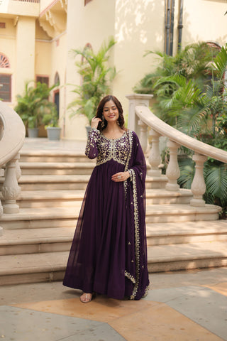 Teeya Creation Wine Color Faux Georgette Heavy Embroidery Work Dupatta Fully Stitched Gown - Distacart