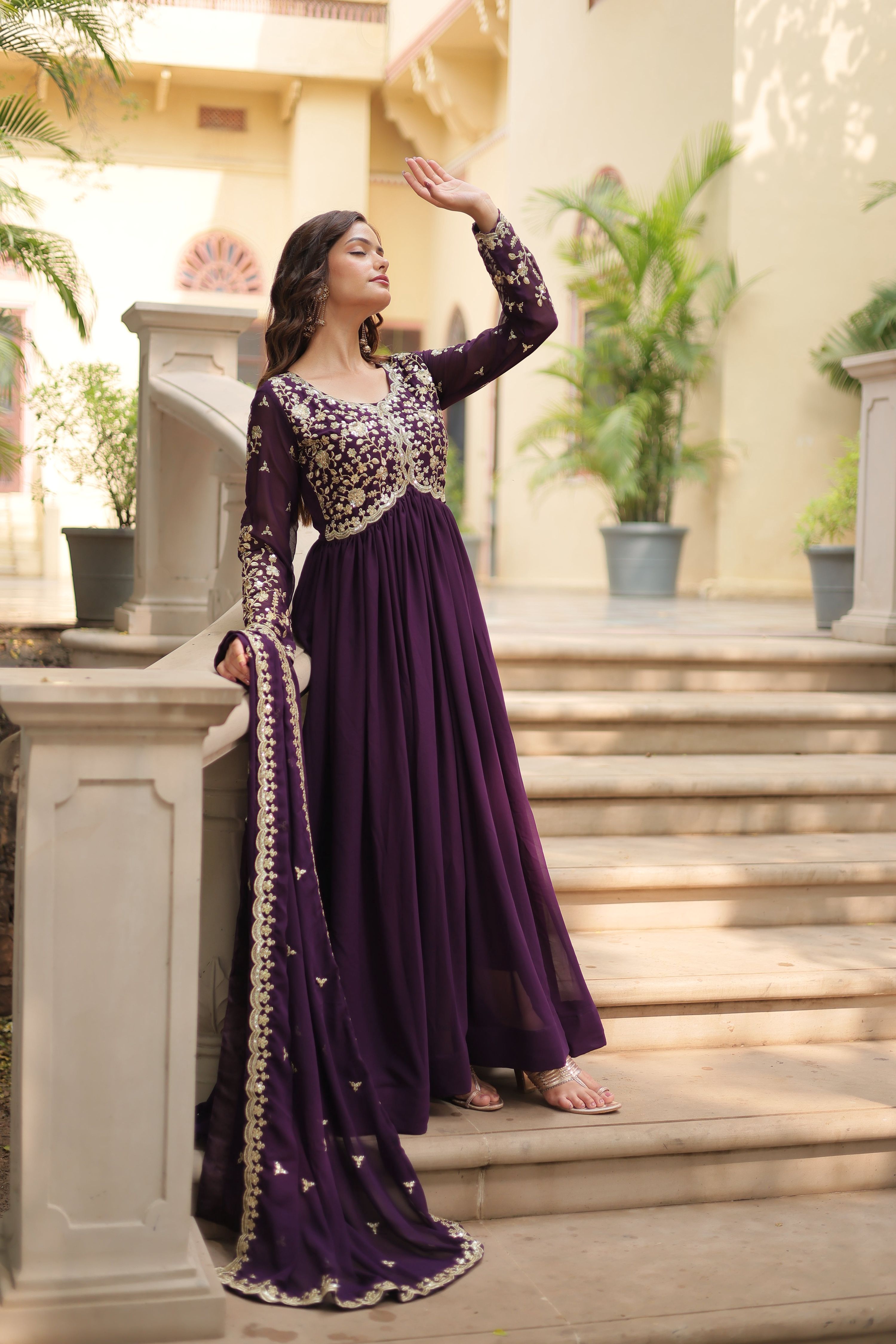 Teeya Creation Wine Color Faux Georgette Heavy Embroidery Work Dupatta Fully Stitched Gown - Distacart