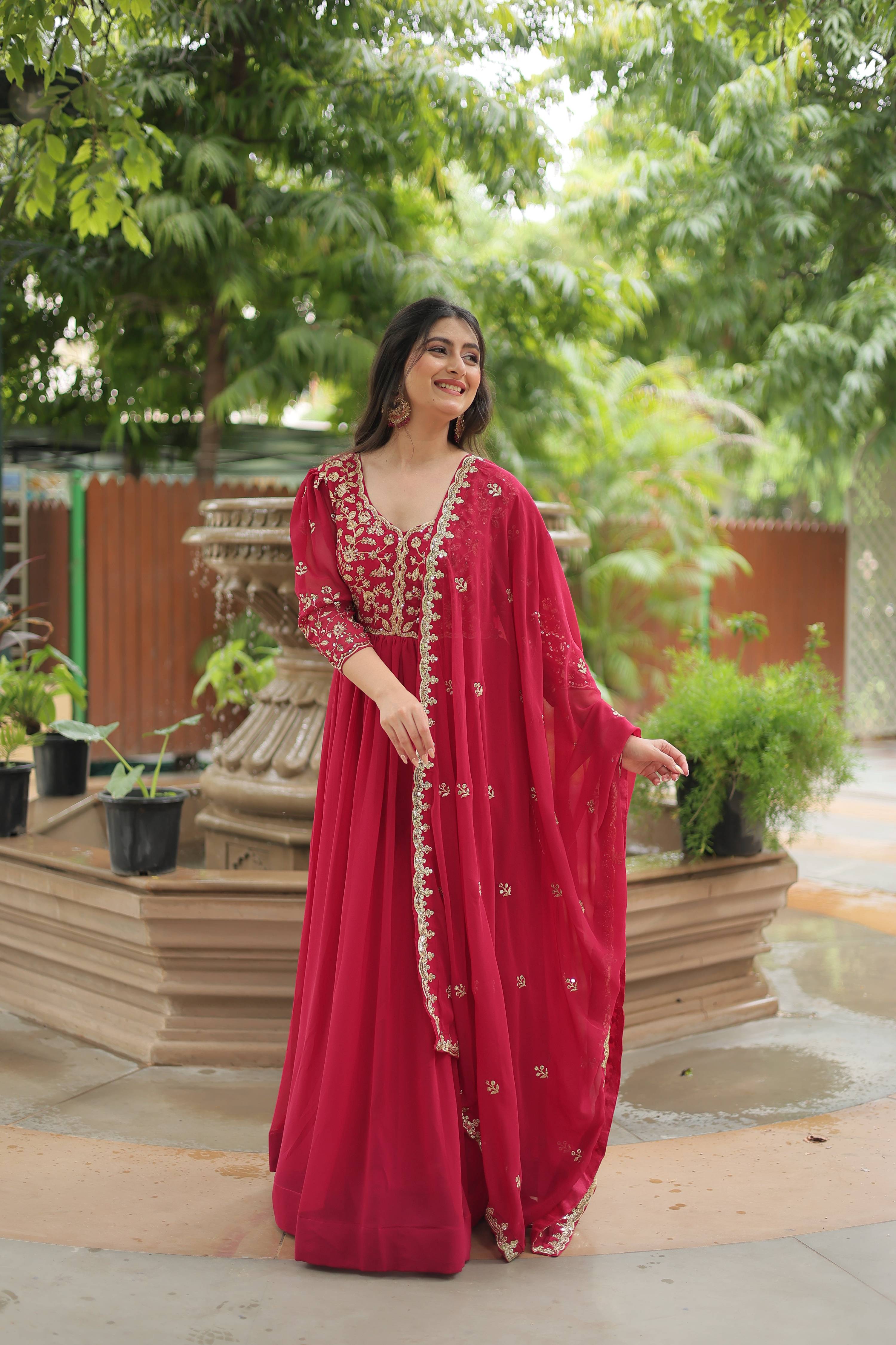 Teeya Creation Rani Pink Color Faux Georgette Heavy Embroidery Work Dupatta Fully Stitched Gown - Distacart