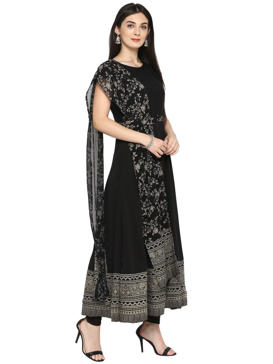 Ahalyaa Women's Black Crepe Printed Kurta With Attached Dupatta