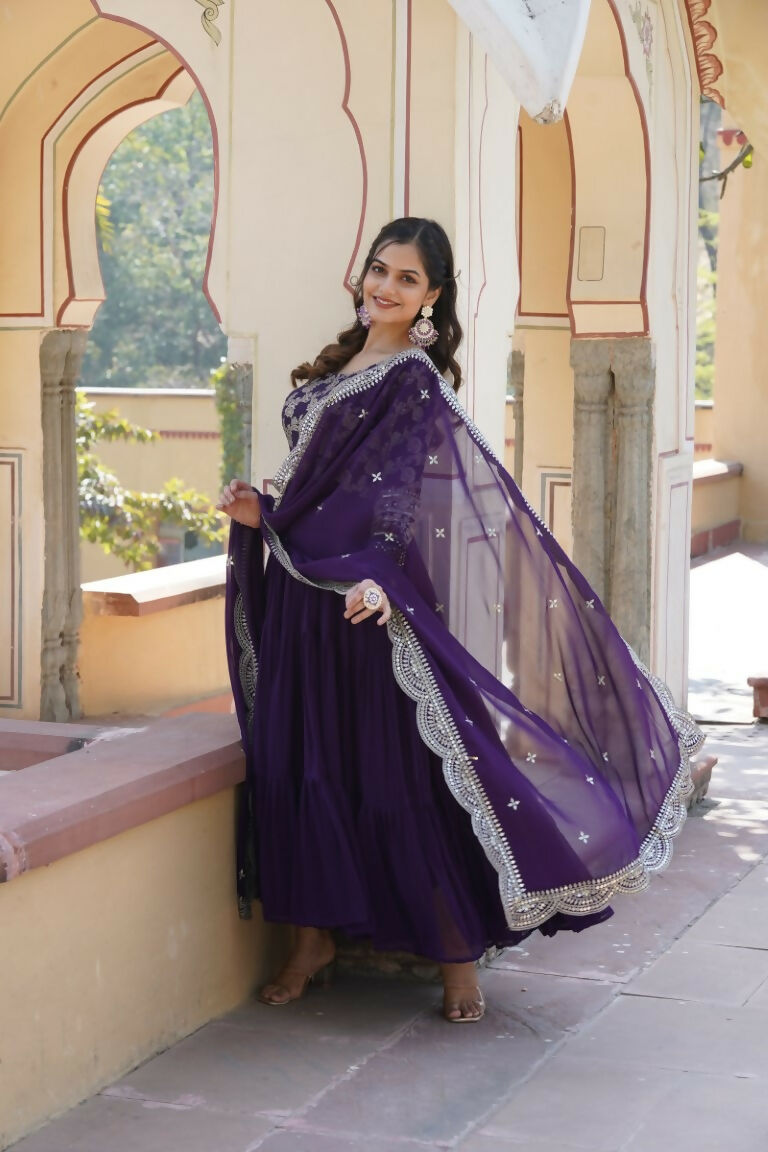 Aastha Fashion Women's Purple Faux Georgette Jacquard with Sequins Embroidered Anarkali Dress with Dupatta - Distacart