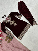 Thumbnail for Vastranavya Wine Viscose Velvet Cording Sequence Embroidery Work Suit-Bottom With Dupatta - Distacart