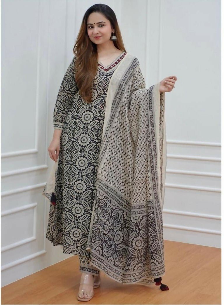 Alvano Anarkali Printed Kurti with Pant and Dupatta set for Women and Girls Rayon - Distacart