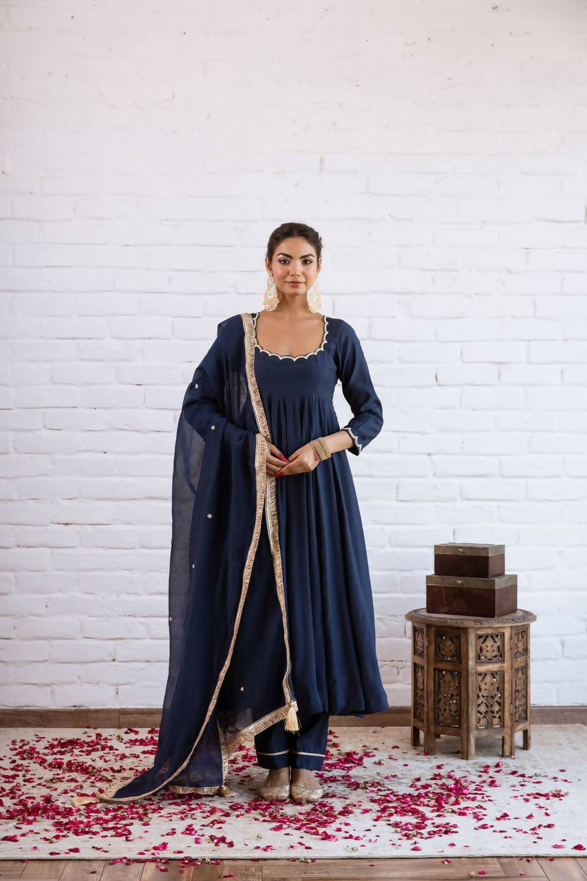 Teeya Creation Navy Blue Scallop Border Anarkali Kurta Set For Women - Dista