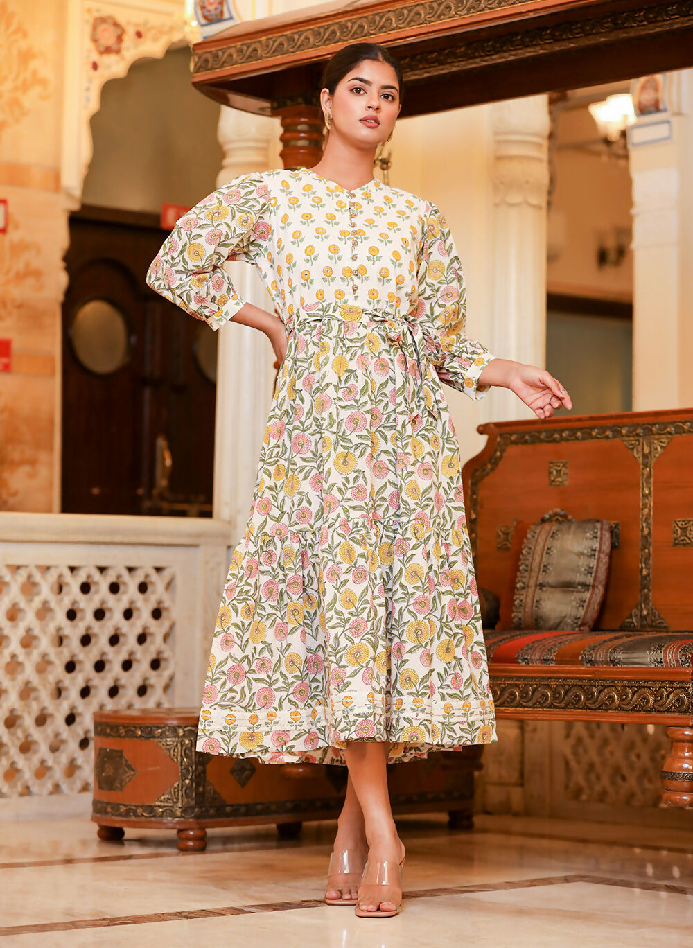 Kaajh Women's White-Pink Floral Print Handblock Dress - Distacart