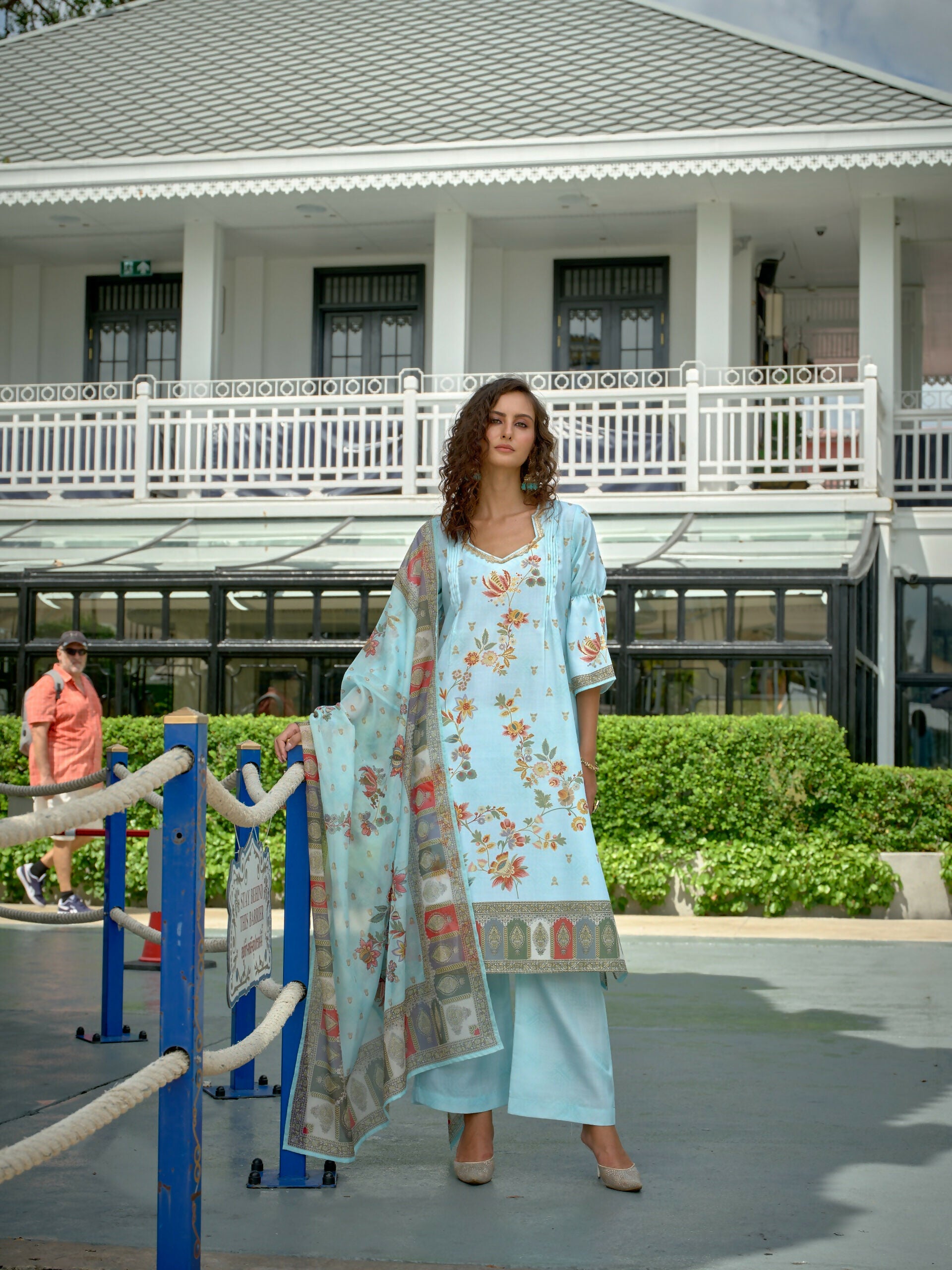 Joban Fashion Positive Sky Blue Digital Print With Position Foil Kurta Set