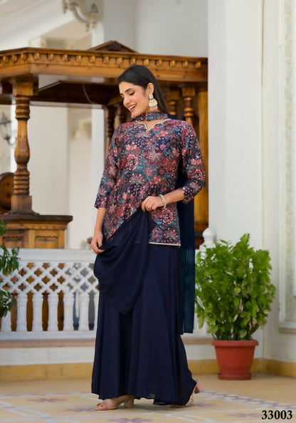 Designer Stylish Navy Blue Dull satin Stitched Suit With Dupatta - Samya - Distacart
