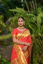 Thumbnail for Jyoti Fashion Women's Red Paithani Silk Zari Woven Saree with Blouse - Distacart