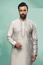 Thumbnail for Raivat Ethnic Art Silk Mirror Embroidery Work Kurta Pajama In Grey Colour - Dista