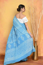 Thumbnail for Very Much Indian Handblock Printed Cotton Saree With Natural Dyes - Sky Blue - Distacart