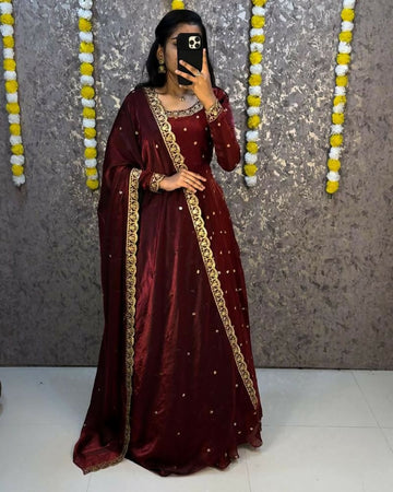 Teeya Creation Women's New Trendy Latest Designer Embroidery Anarkali Gown with Dupatta Set - Dista