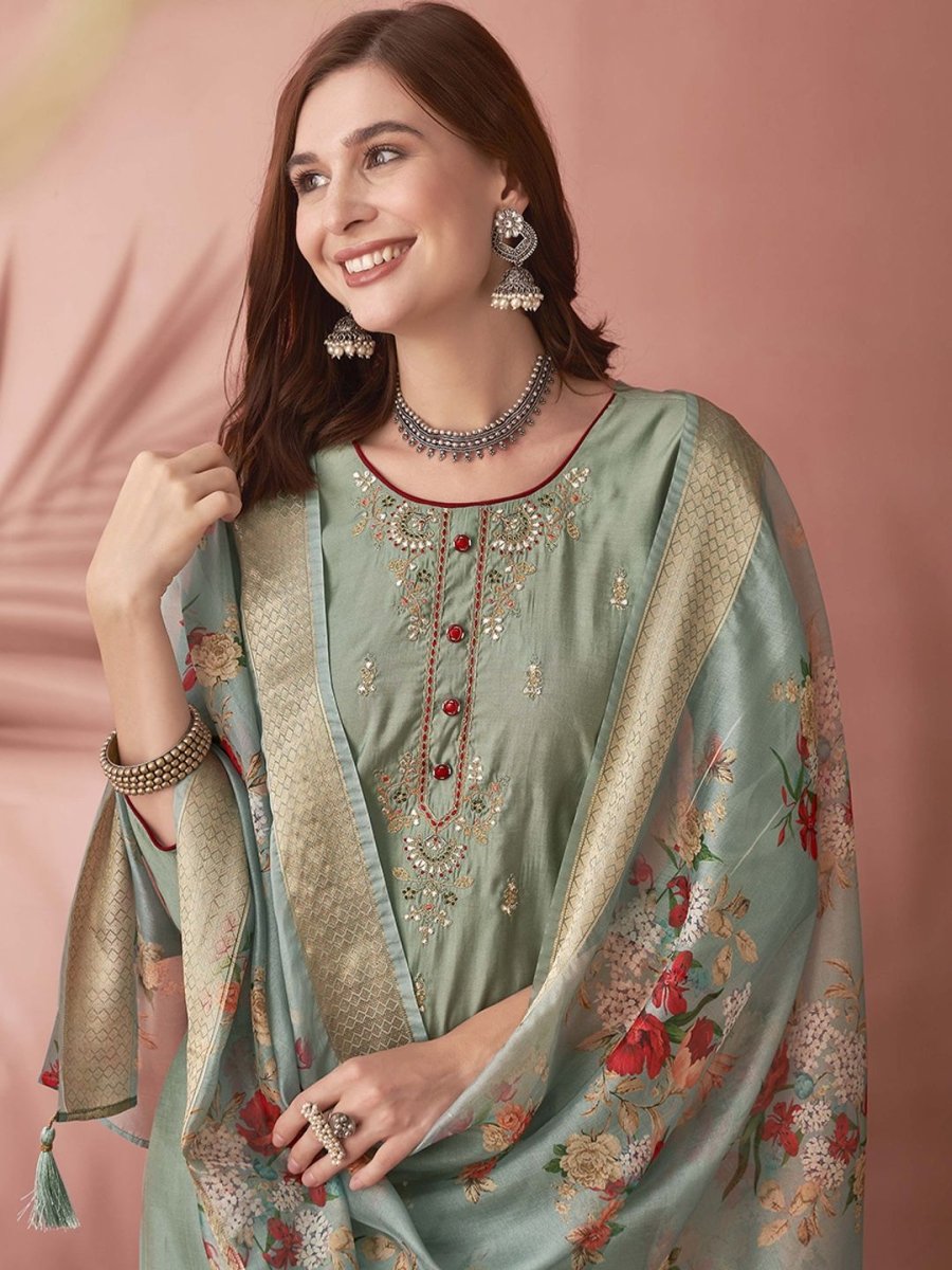 Anouk Women Floral Yoke Design Regular Thread Work Kurta with Trousers & With Dupatta - Distacart